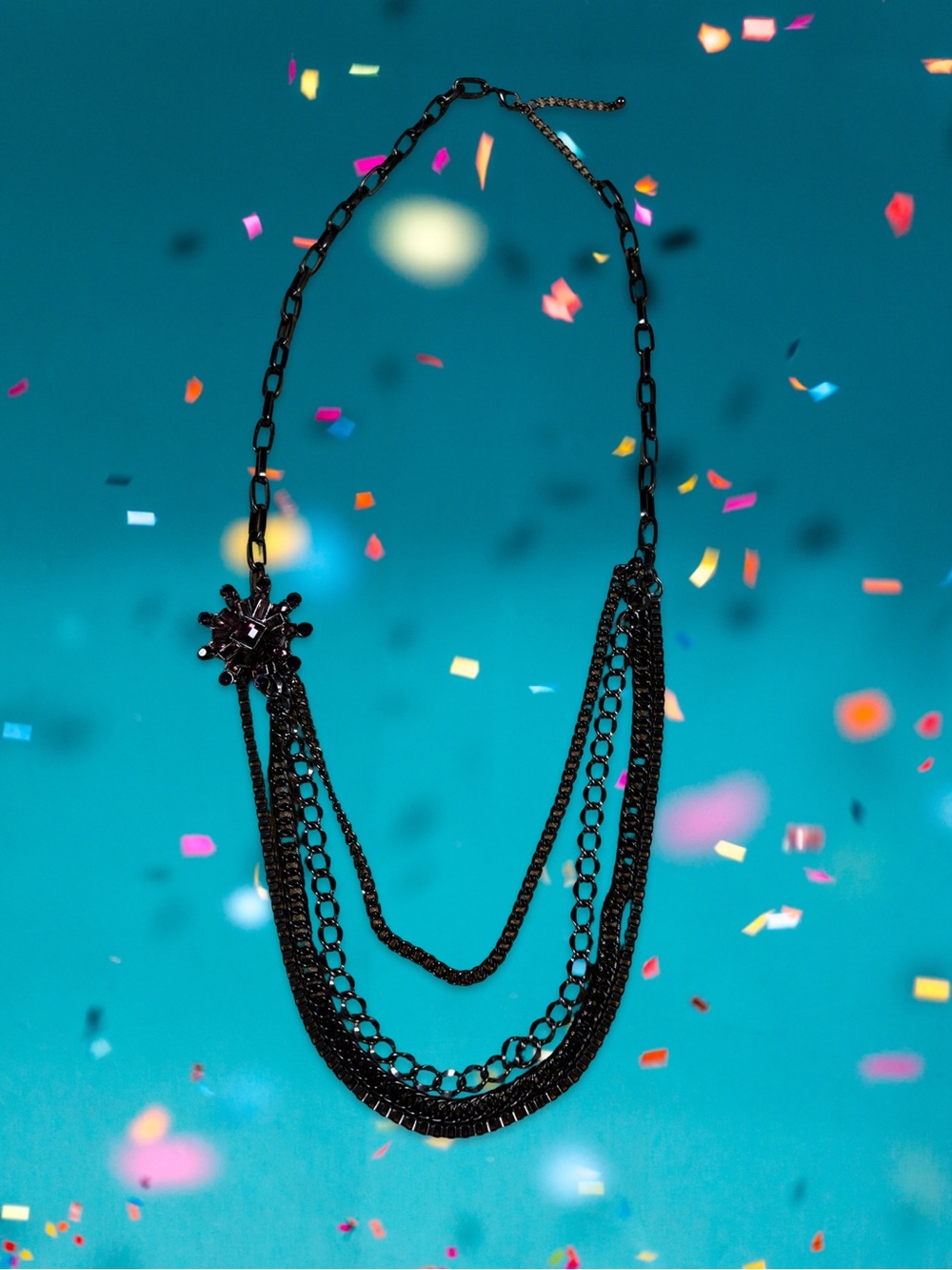 Gunmetal Multi-Layer Chain Necklace with Dark Floral Accent